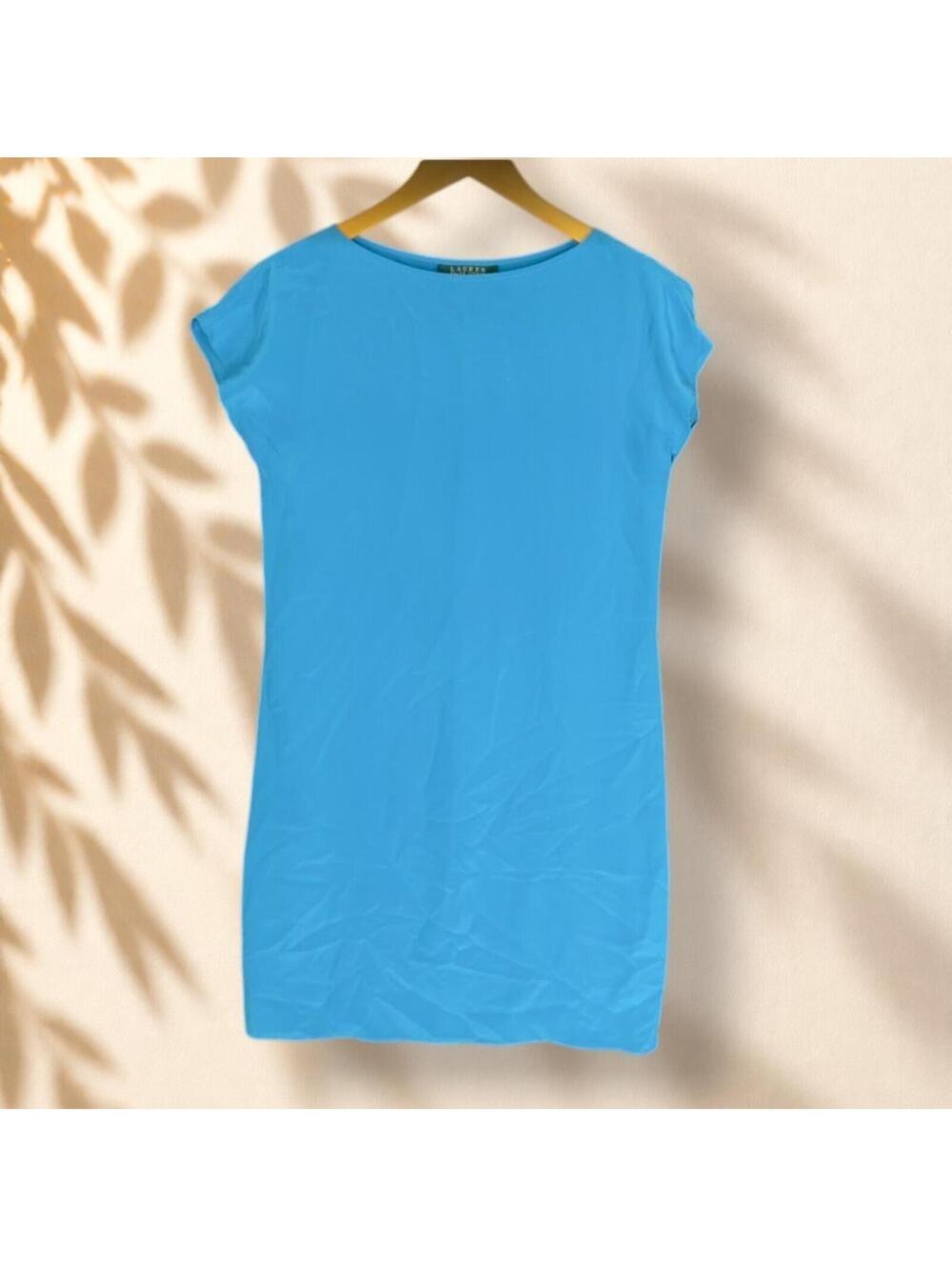 Ralph Lauren Dress Women 4 Blue Sheath Short Short Sleeve Silk Round Neck Casual